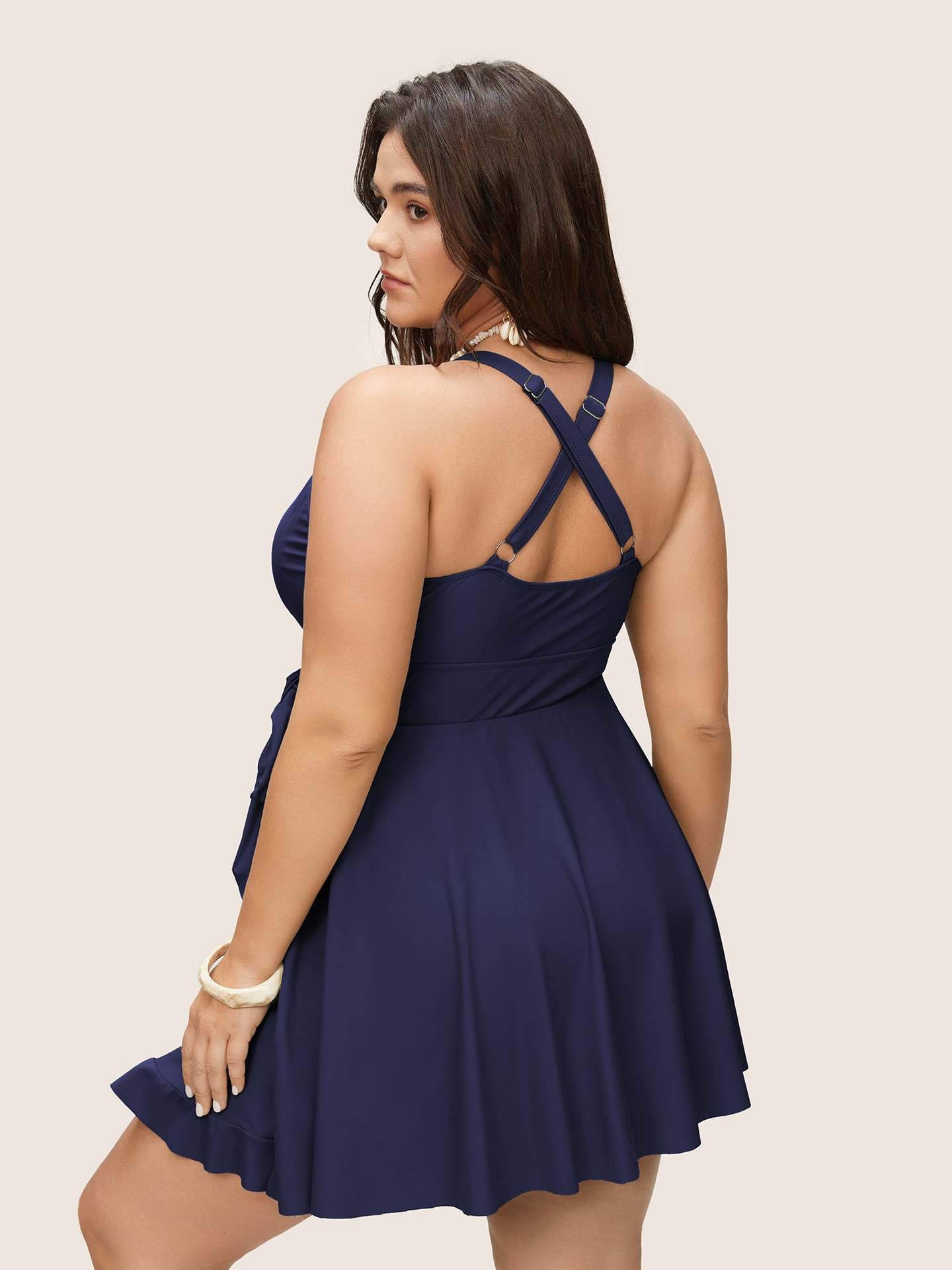 Plus Size One Piece Swimsuit Sleeveless V-Neck Bandage Cover Up Swim Dress